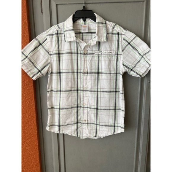 Gymboree Plaid Button Front Green Gray White Collar Short Sleeve Shirt Boys S 5 - Picture 1 of 4